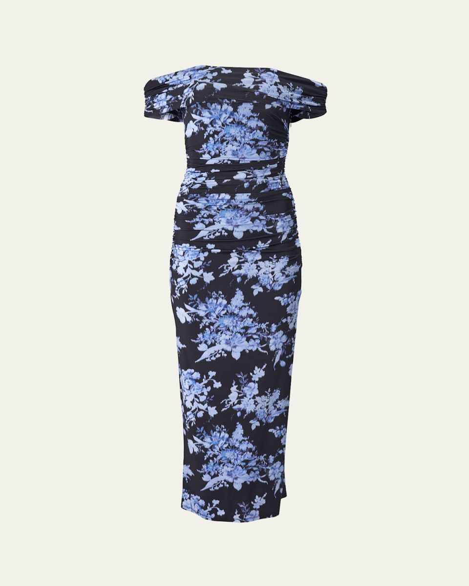 Off-the-Shoulder Floral Gathered Body-Con Dress